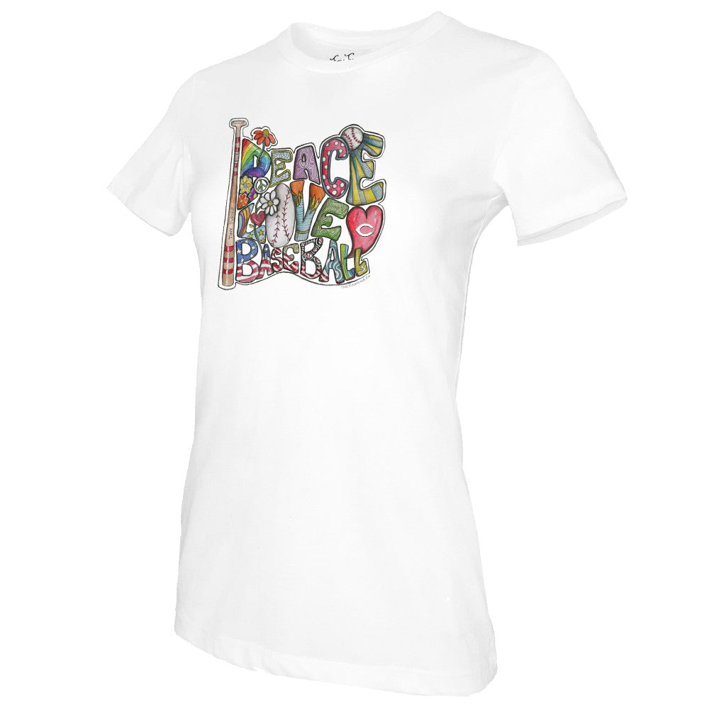 White Cincinnati Reds Tiny Turnip Women's Peace Love Baseball T-Shirt