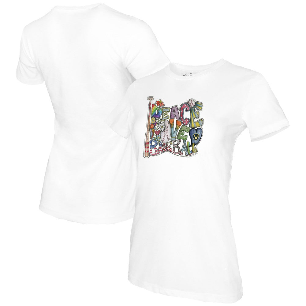 White Milwaukee Brewers Tiny Turnip Women's Peace Love Baseball T-Shirt