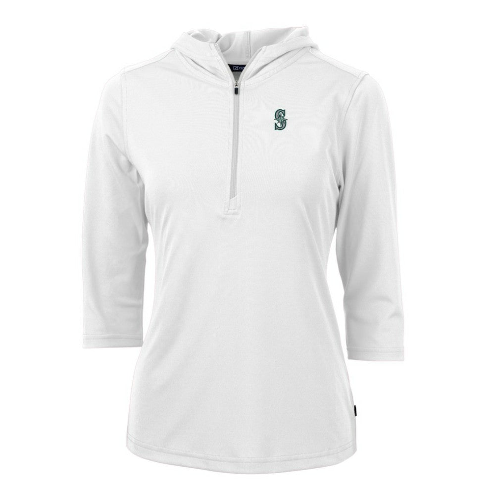 White Seattle Mariners Cutter & Buck Women's Virtue Eco Pique 3/4 Sleeve Half-Zip Pullover Hoodie
