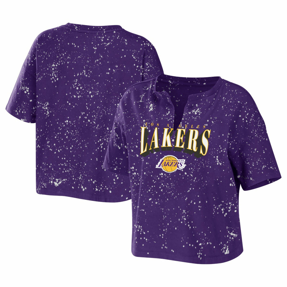 Los Angeles Lakers WEAR by Erin Andrews Women's Bleach Splatter Notch Neck T-Shirt