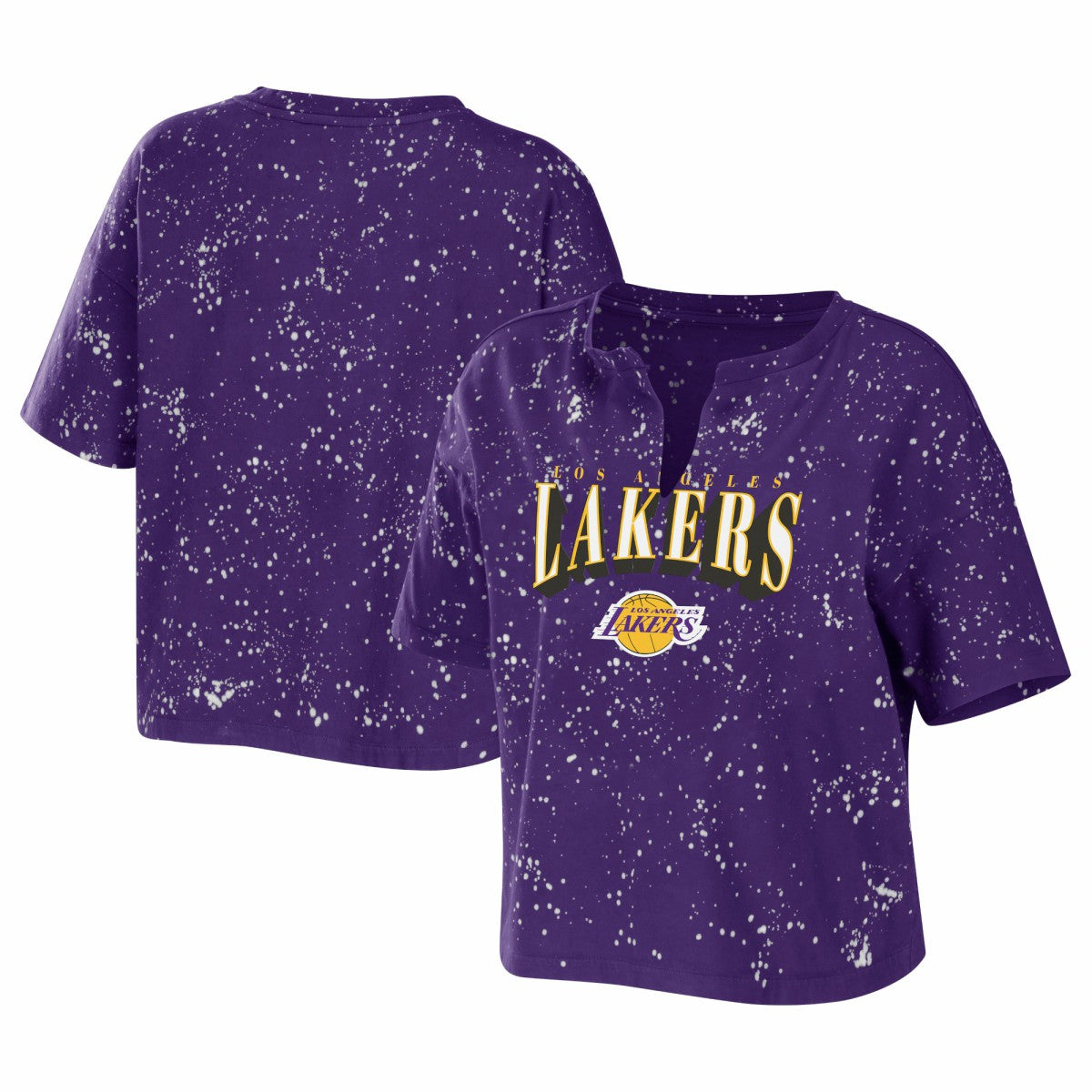 Los Angeles Lakers WEAR by Erin Andrews Women's Bleach Splatter Notch Neck T-Shirt