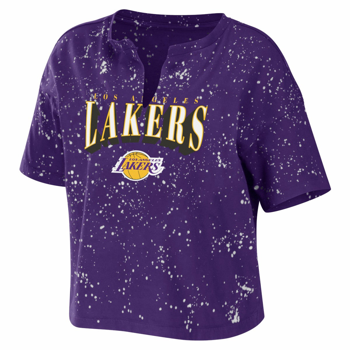 Los Angeles Lakers WEAR by Erin Andrews Women's Bleach Splatter Notch Neck T-Shirt