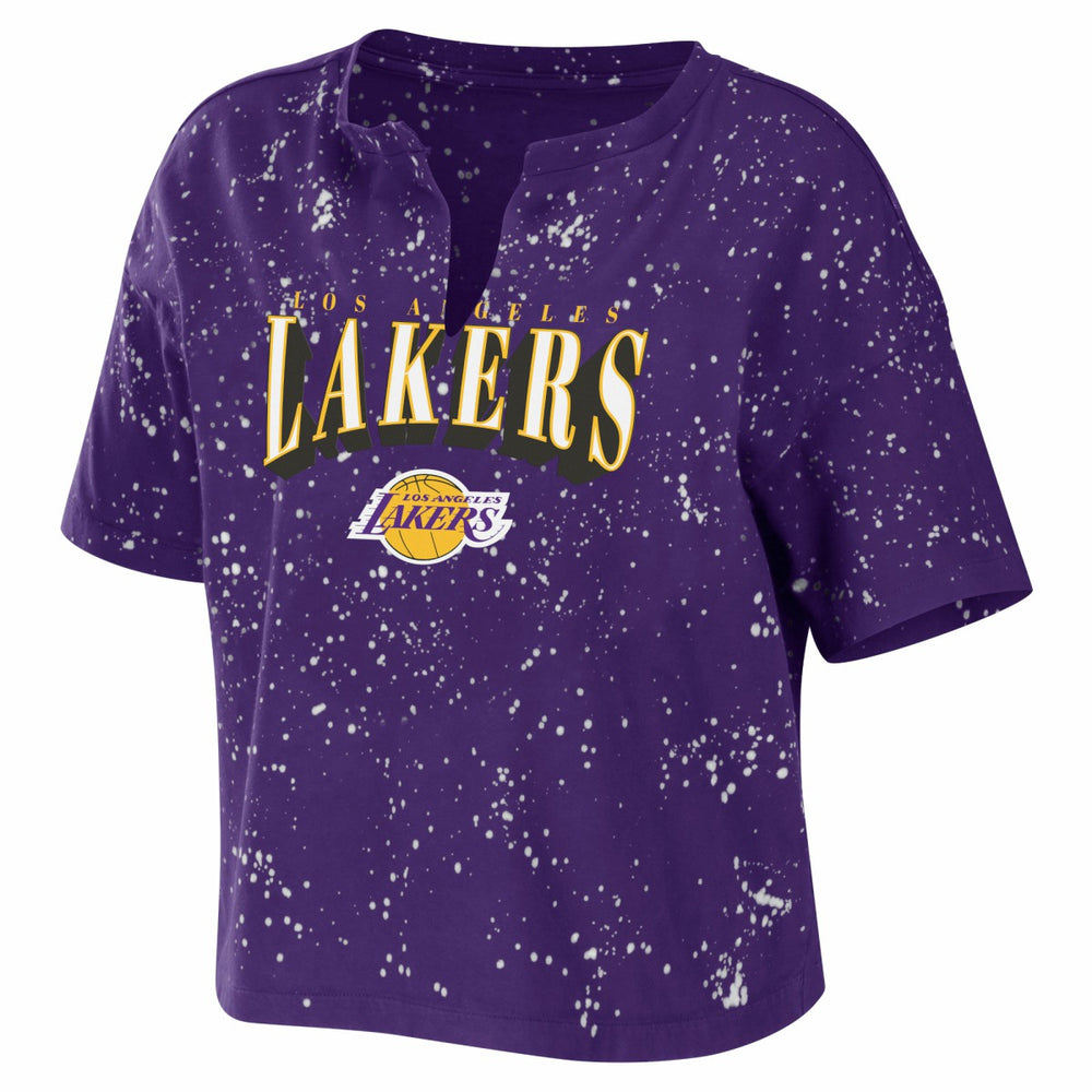 Los Angeles Lakers WEAR by Erin Andrews Women's Bleach Splatter Notch Neck T-Shirt