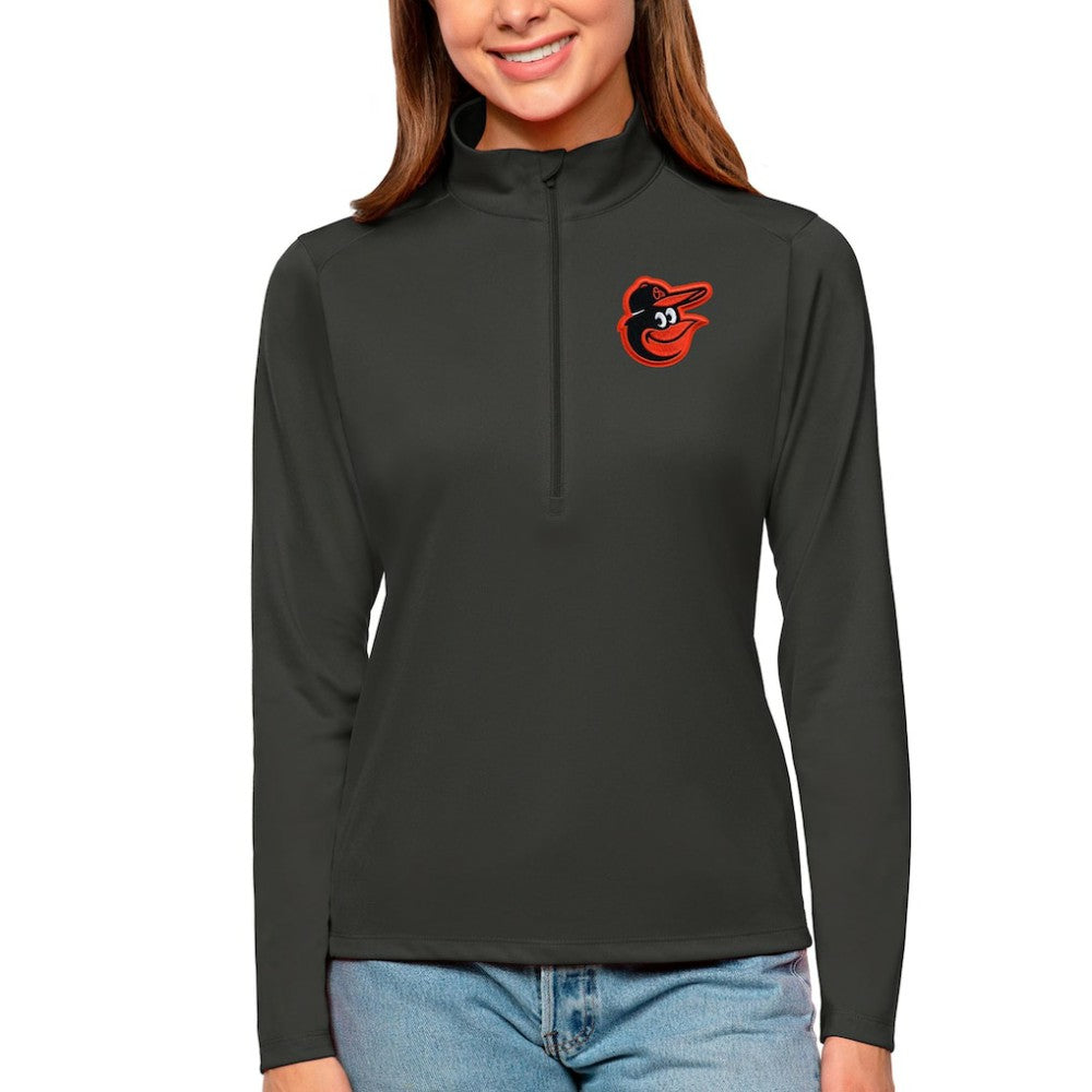 Charcoal Baltimore Orioles Antigua Women's Tribute Quarter-Zip Pullover Top