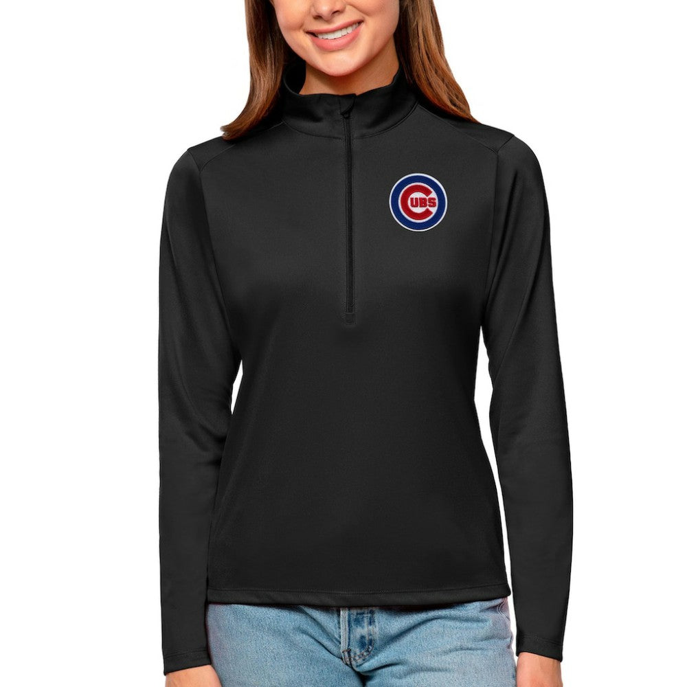 Black Chicago Cubs Antigua Women's Tribute Quarter-Zip Pullover Top