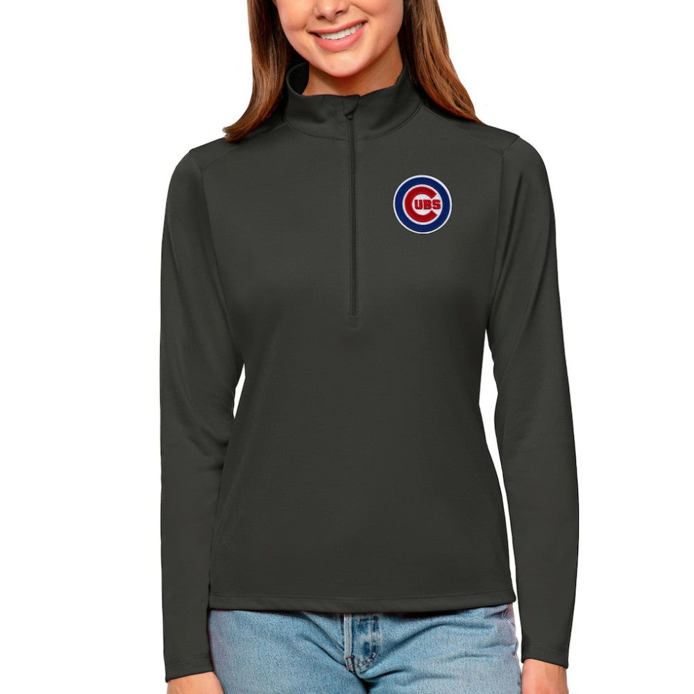 Charcoal Chicago Cubs Antigua Women's Tribute Quarter-Zip Pullover Top