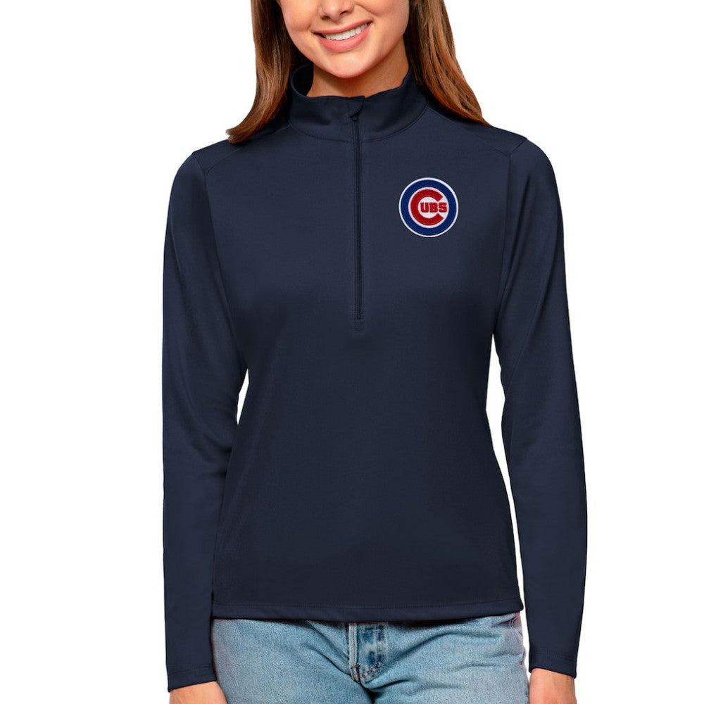 Navy Chicago Cubs Antigua Women's Tribute Quarter-Zip Pullover Top