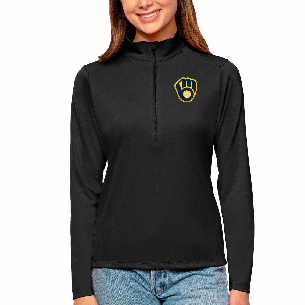 Black Milwaukee Brewers Antigua Women's Tribute Quarter-Zip Pullover Top