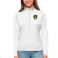 White Milwaukee Brewers Antigua Women's Tribute Quarter-Zip Pullover Top
