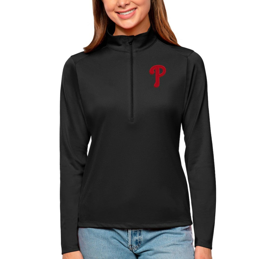 Black Philadelphia Phillies Antigua Women's Tribute Quarter-Zip Pullover Top
