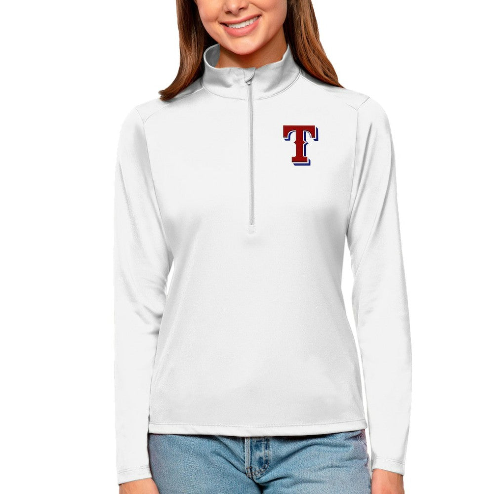 White Texas Rangers Antigua Women's Tribute Quarter-Zip Pullover Top