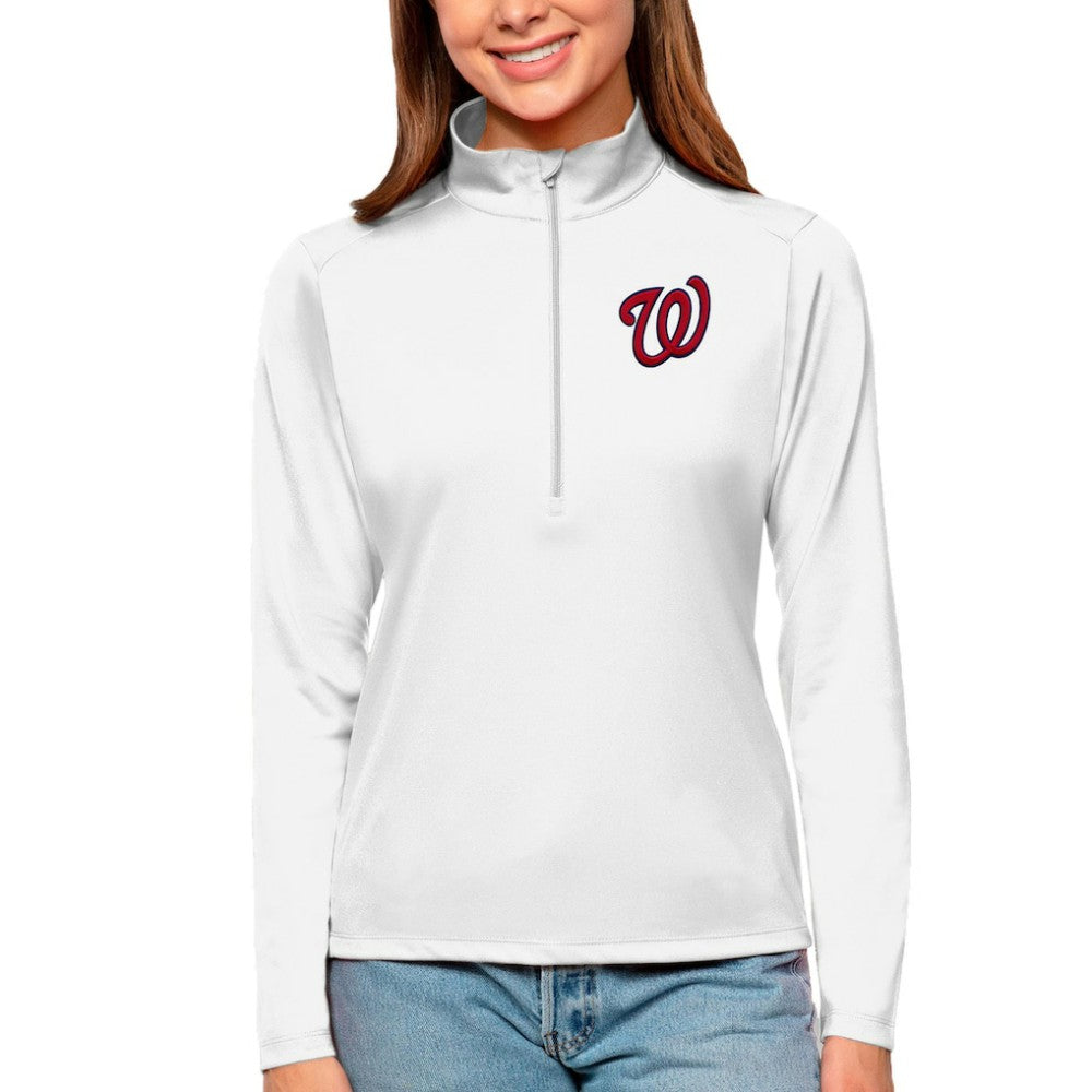 White Washington Nationals Antigua Women's Tribute Quarter-Zip Pullover Top