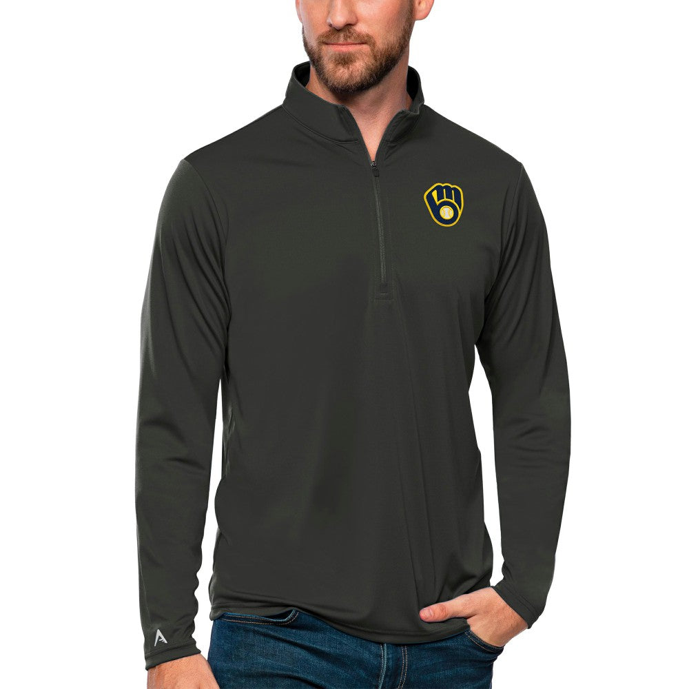 Charcoal Milwaukee Brewers Antigua Tribute Quarter-Zip Pullover Top
