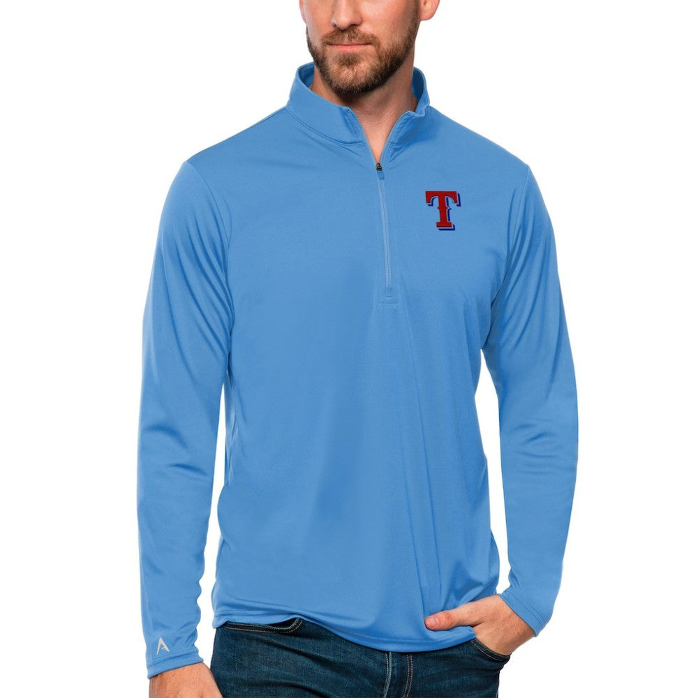 Powder Blue Texas Rangers Antigua Tribute Quarter-Zip Pullover Top