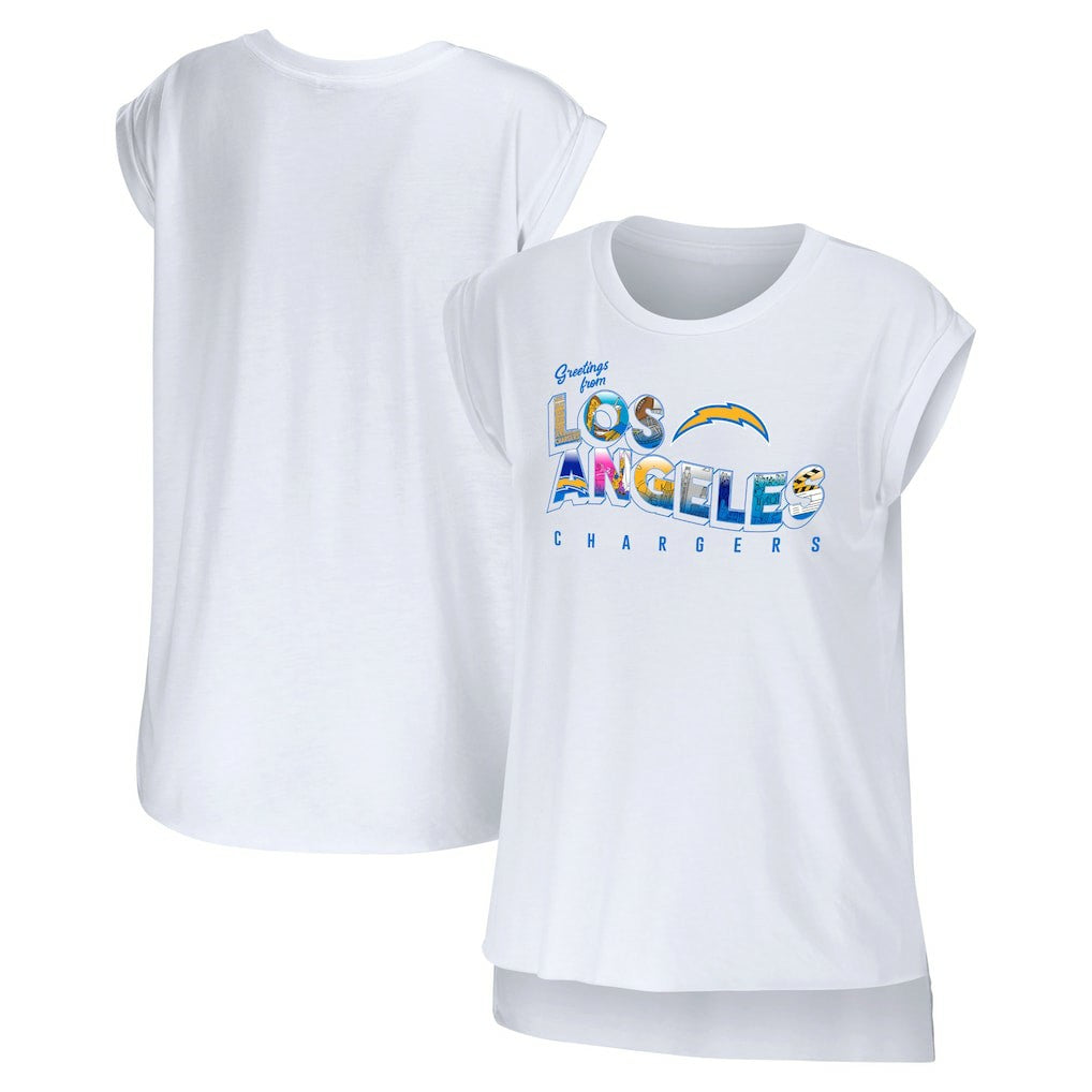 WEAR by Erin Andrews Women's Greetings From Muscle T-Shirt - Los Angeles Chargers T-shirts