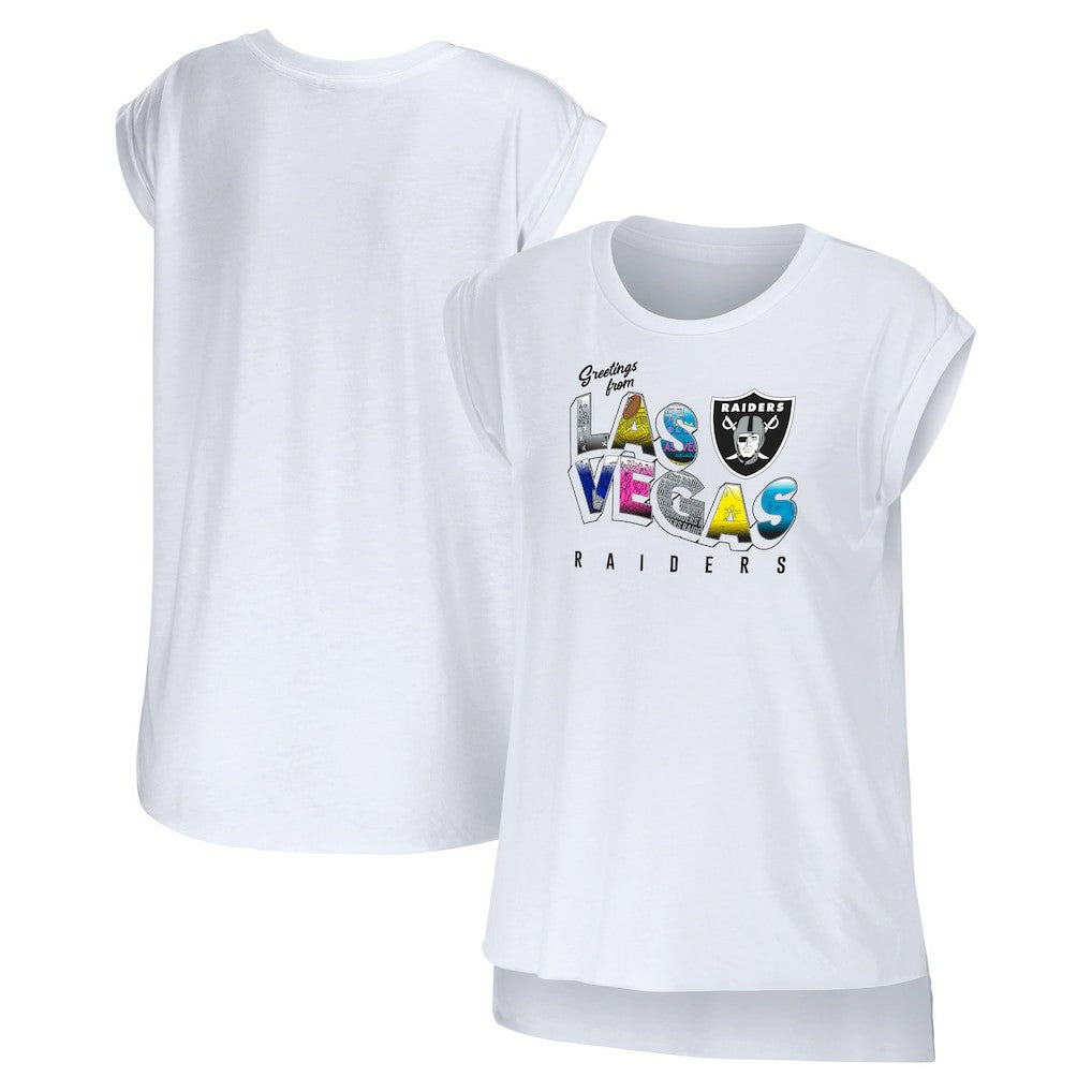 WEAR by Erin Andrews Women's Greetings From Muscle T-Shirt - Las Vegas Raiders T-shirts