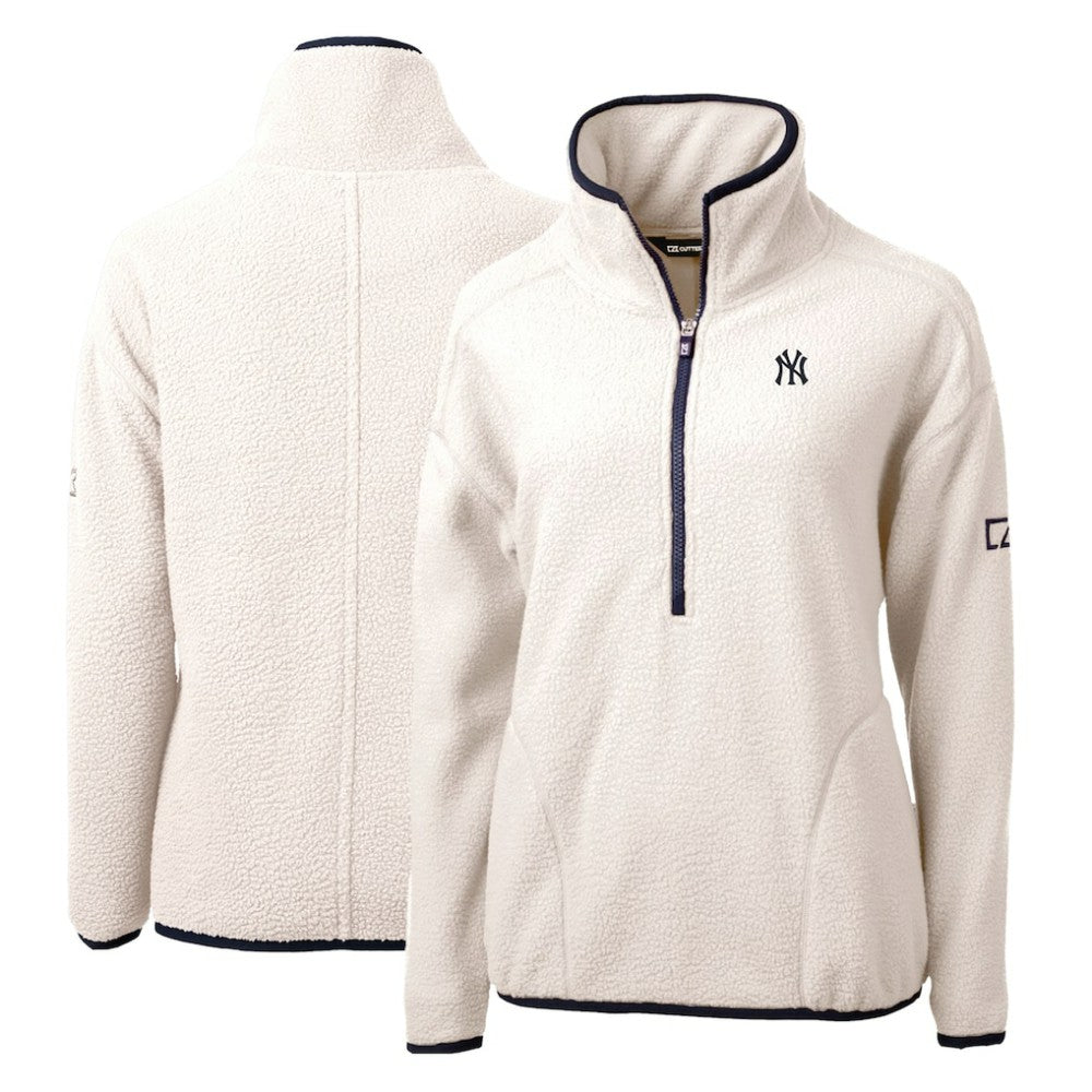 White/Navy New York Yankees Cutter & Buck Women's Cascade Eco Sherpa Fleece Quarter-Zip Pullover Jacket