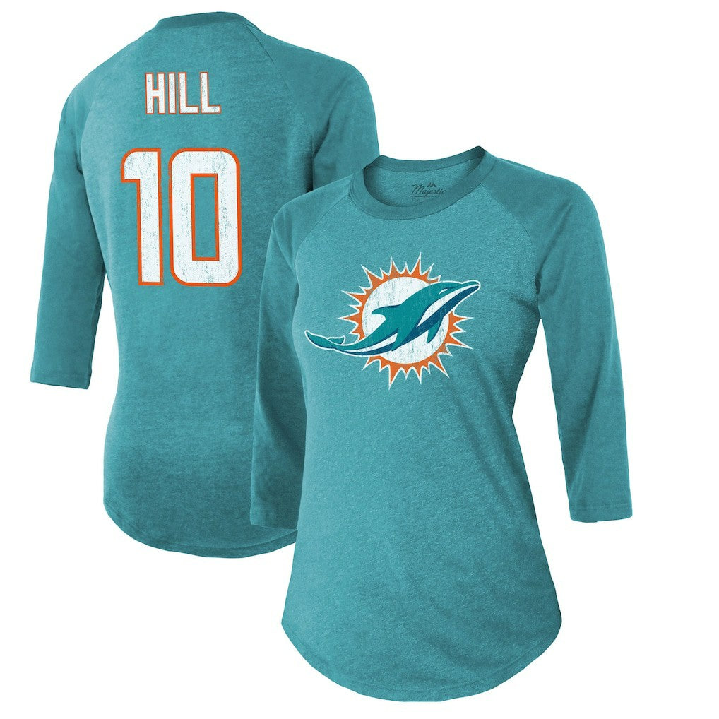 Tyreek Hill  Majestic Threads Women's Name & Number Raglan 3/4 Sleeve T-Shirt - Miami Dolphins T-shirts