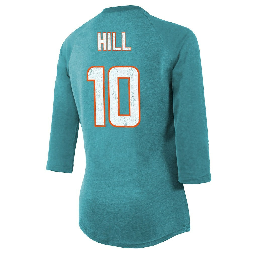 Tyreek Hill  Majestic Threads Women's Name & Number Raglan 3/4 Sleeve T-Shirt - Miami Dolphins T-shirts