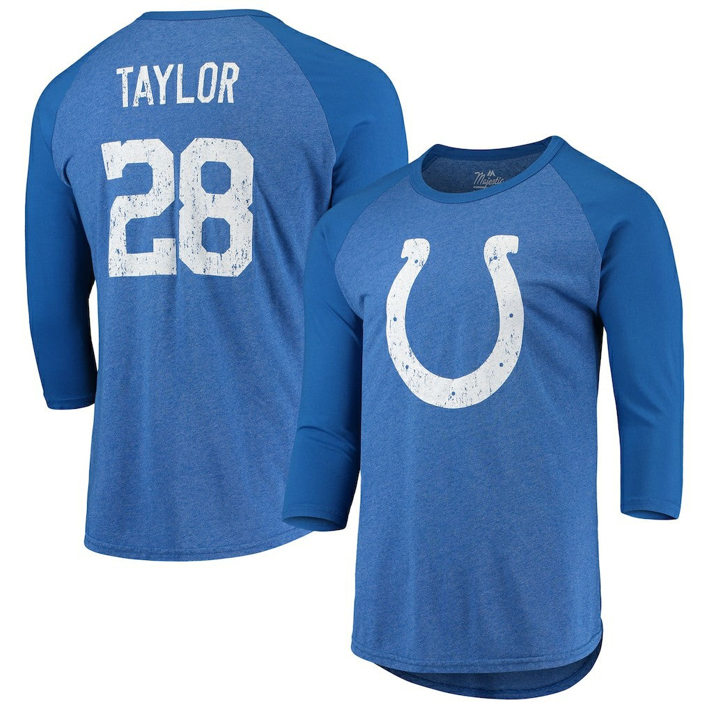 Jonathan Taylor  Majestic Threads Name & Number Team Colorway Tri-Blend 3/4 Raglan Sleeve Player T-Shirt - Indianapolis Colts T-shirts