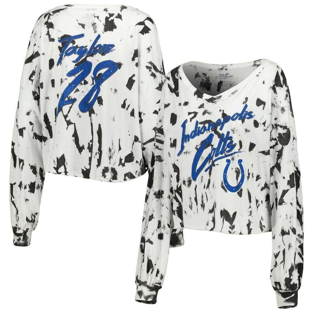 Jonathan Taylor  Majestic Threads Women's Off-Shoulder Tie-Dye Name & Number Cropped Long Sleeve V-Neck T-Shirt - Indianapolis Colts T-shirts