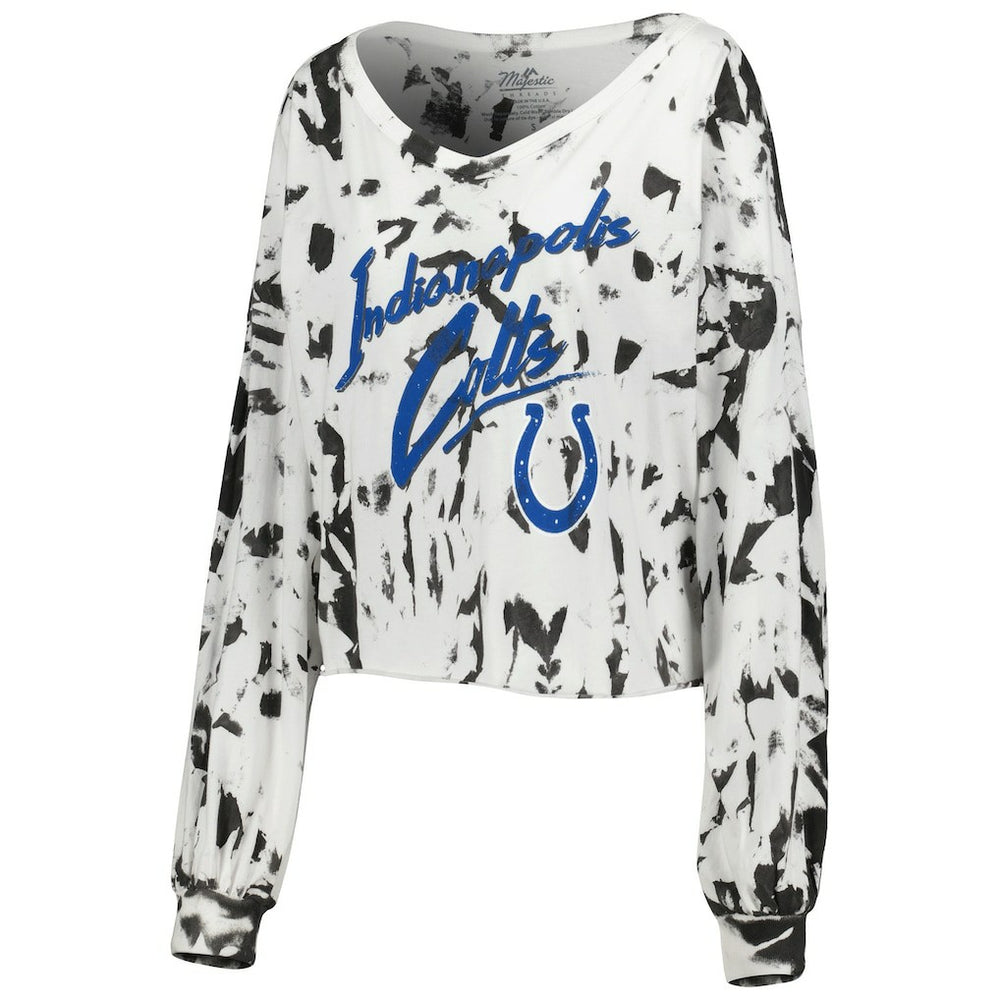 Jonathan Taylor  Majestic Threads Women's Off-Shoulder Tie-Dye Name & Number Cropped Long Sleeve V-Neck T-Shirt - Indianapolis Colts T-shirts