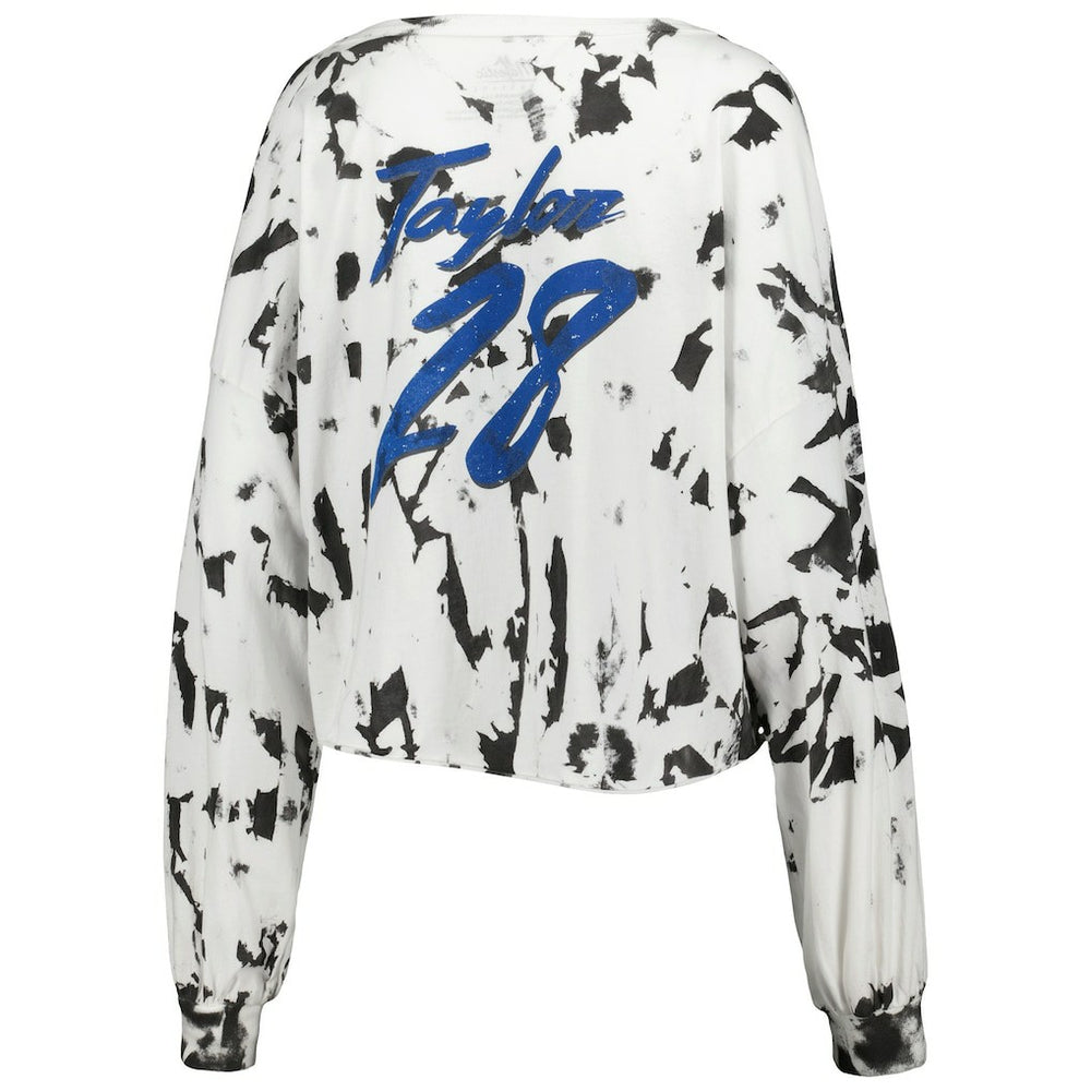 Jonathan Taylor  Majestic Threads Women's Off-Shoulder Tie-Dye Name & Number Cropped Long Sleeve V-Neck T-Shirt - Indianapolis Colts T-shirts