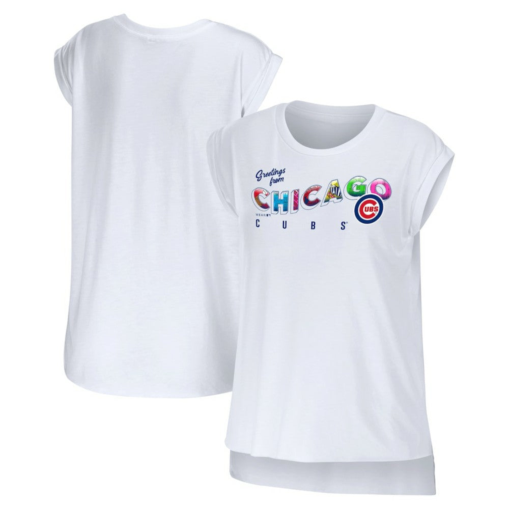 White Chicago Cubs WEAR by Erin Andrews Women's Greetings From T-Shirt