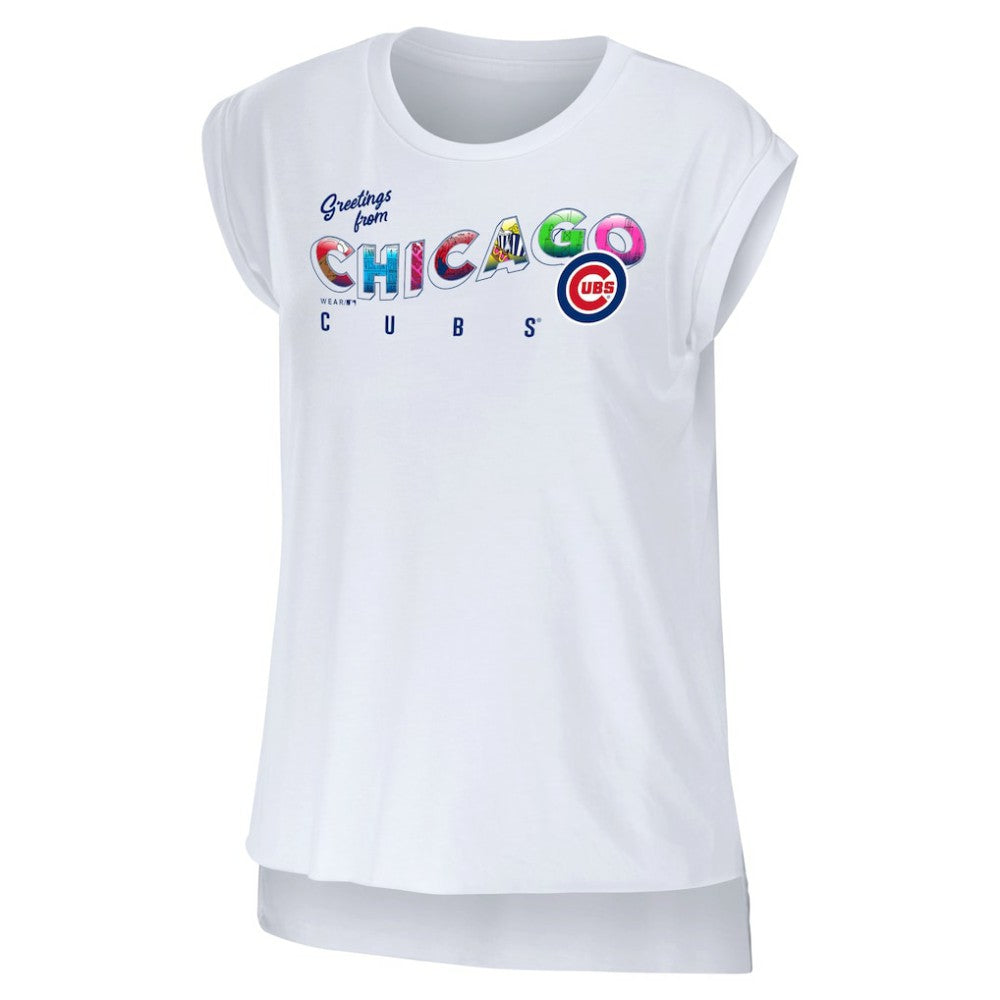 White Chicago Cubs WEAR by Erin Andrews Women's Greetings From T-Shirt