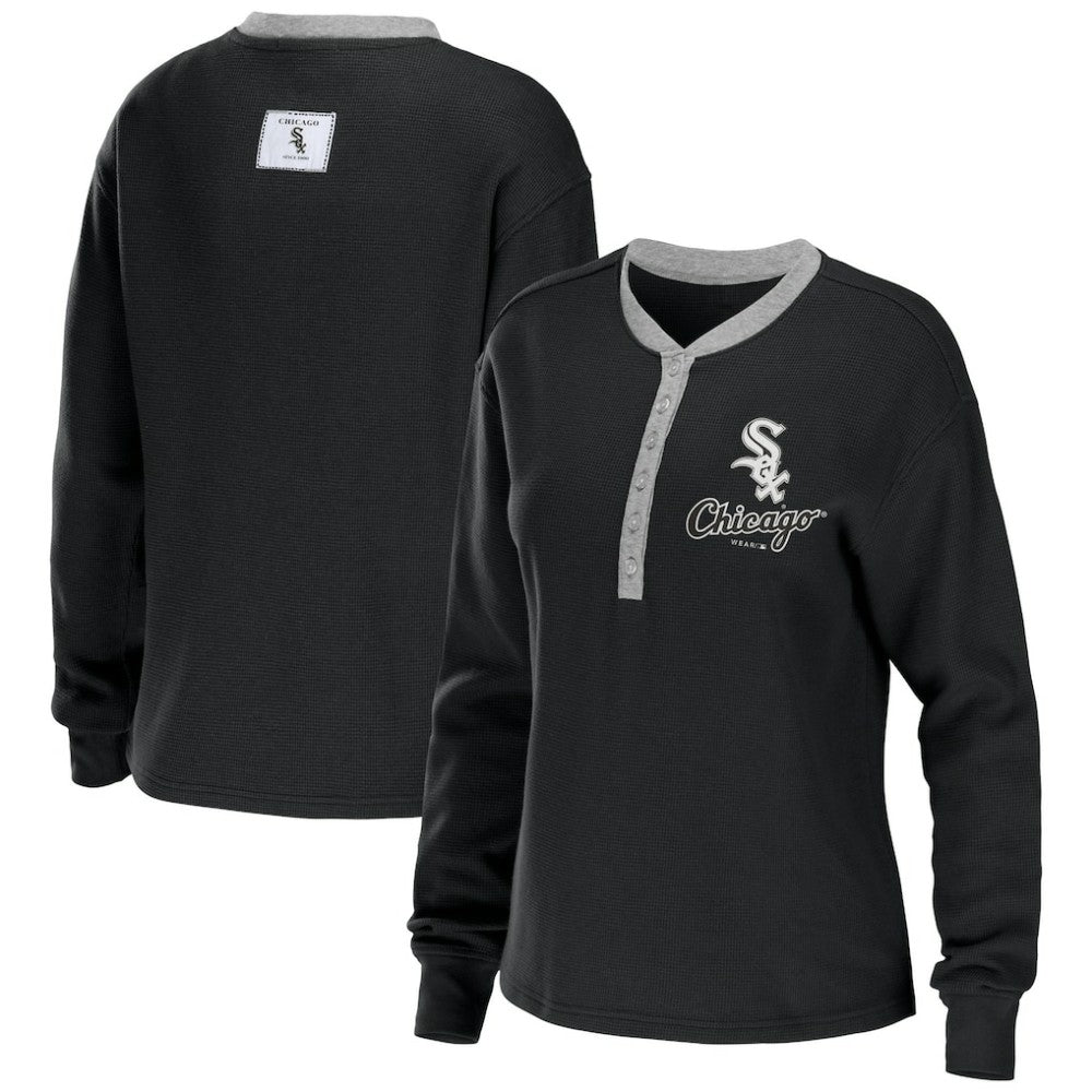 Black Chicago White Sox WEAR by Erin Andrews Women's Waffle Henley Long Sleeve T-Shirt