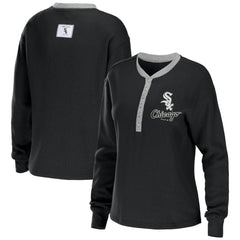 Black Chicago White Sox WEAR by Erin Andrews Women's Waffle Henley Long Sleeve T-Shirt