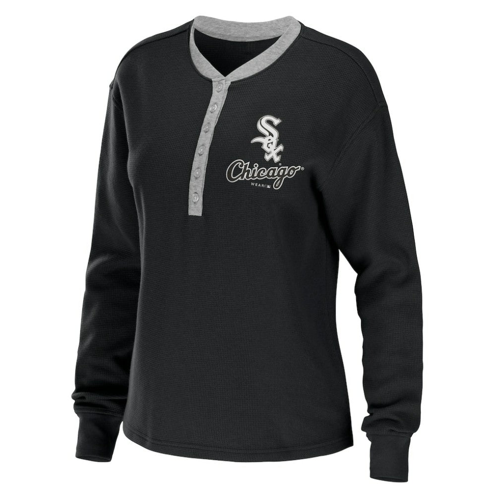 Black Chicago White Sox WEAR by Erin Andrews Women's Waffle Henley Long Sleeve T-Shirt