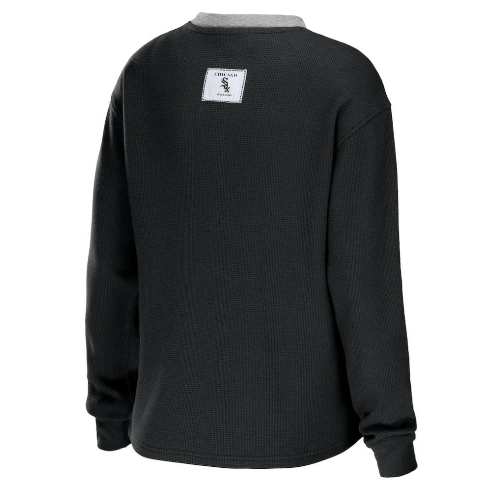 Black Chicago White Sox WEAR by Erin Andrews Women's Waffle Henley Long Sleeve T-Shirt