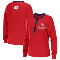 Red Washington Nationals WEAR by Erin Andrews Women's Waffle Henley Long Sleeve T-Shirt