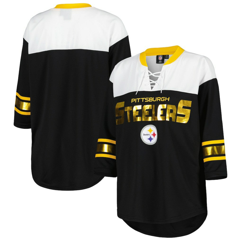 G-III 4Her by Carl Banks Women's Double Team 3/4-Sleeve Lace-Up T-Shirt - Pittsburgh Steelers T-shirts