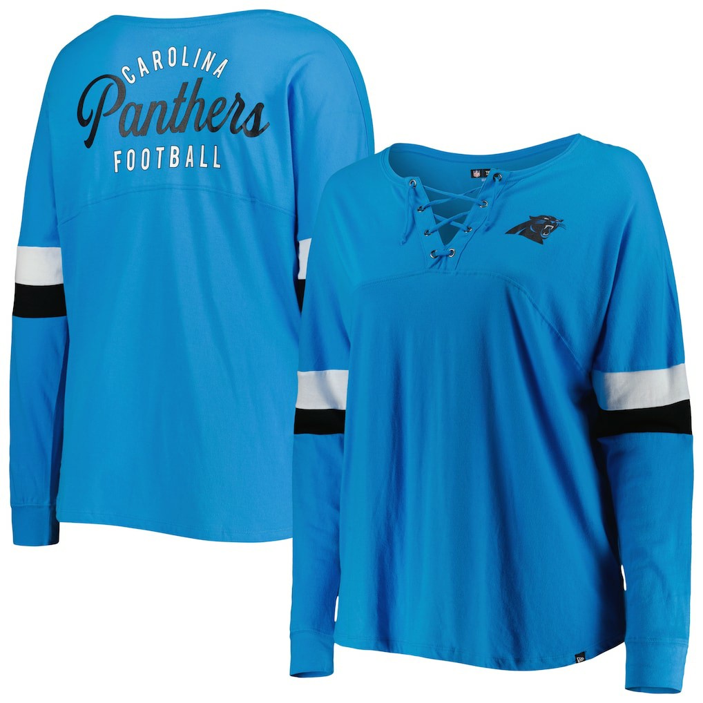 Women's Plus Size Athletic Varsity Lace-Up V-Neck Long Sleeve T-Shirt - Carolina Panthers T-shirts