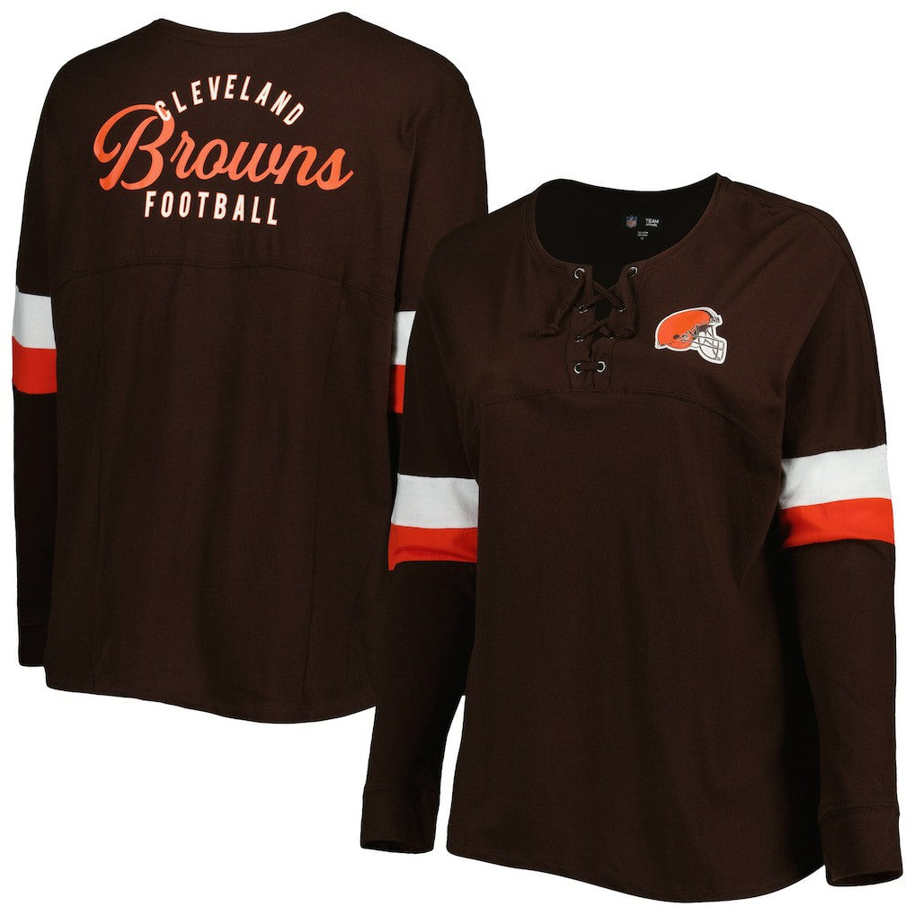 Women's Plus Size Athletic Varsity Lace-Up V-Neck Long Sleeve T-Shirt - Cleveland Browns T-shirts