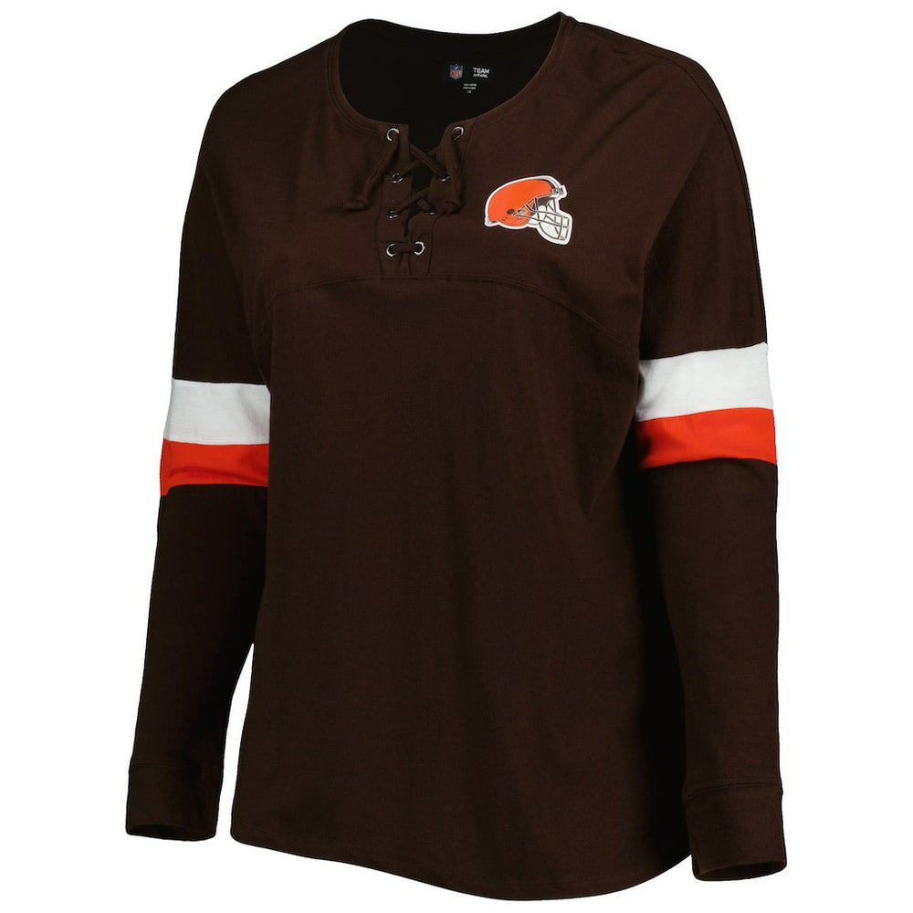 Women's Plus Size Athletic Varsity Lace-Up V-Neck Long Sleeve T-Shirt - Cleveland Browns T-shirts