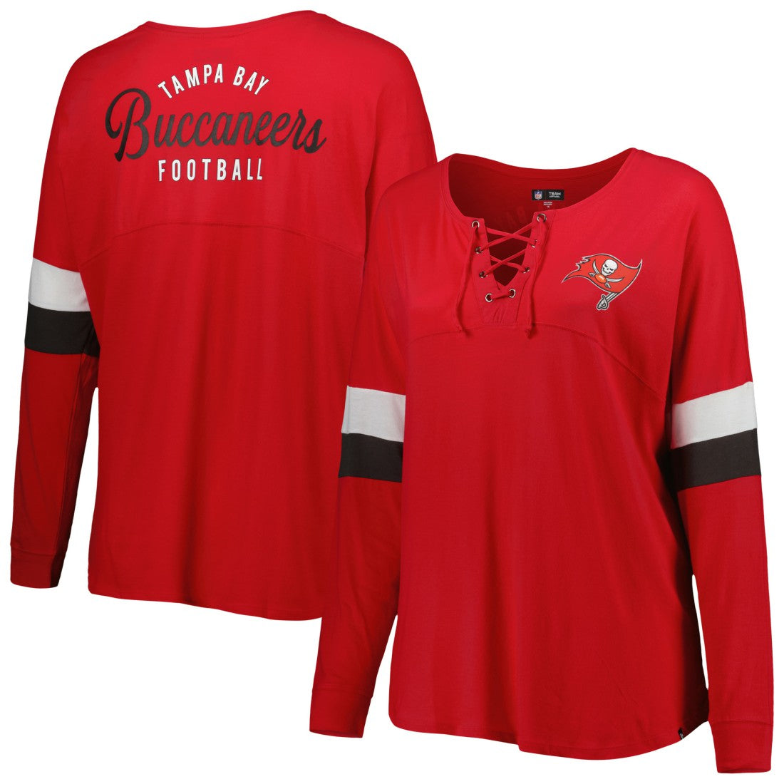 Women's Plus Size Athletic Varsity Lace-Up V-Neck Long Sleeve T-Shirt - Tampa Bay Buccaneers T-shirts