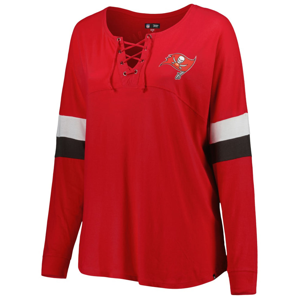 Women's Plus Size Athletic Varsity Lace-Up V-Neck Long Sleeve T-Shirt - Tampa Bay Buccaneers T-shirts