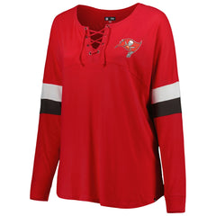 Women's Plus Size Athletic Varsity Lace-Up V-Neck Long Sleeve T-Shirt - Tampa Bay Buccaneers T-shirts