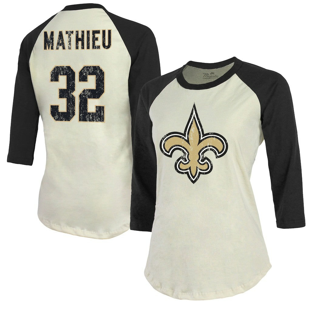 Tyrann Mathieu  Majestic Threads Women's Player Name & Number Tri-Blend Three-Quarter Sleeve T-Shirt - New Orleans Saints T-shirts