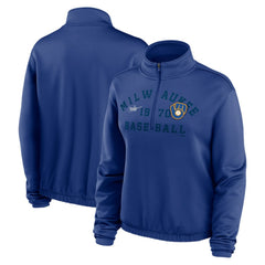 Royal Milwaukee Brewers Nike Women's Rewind Splice Half-Zip Semi-Cropped Bubble Hem Sweatshirt
