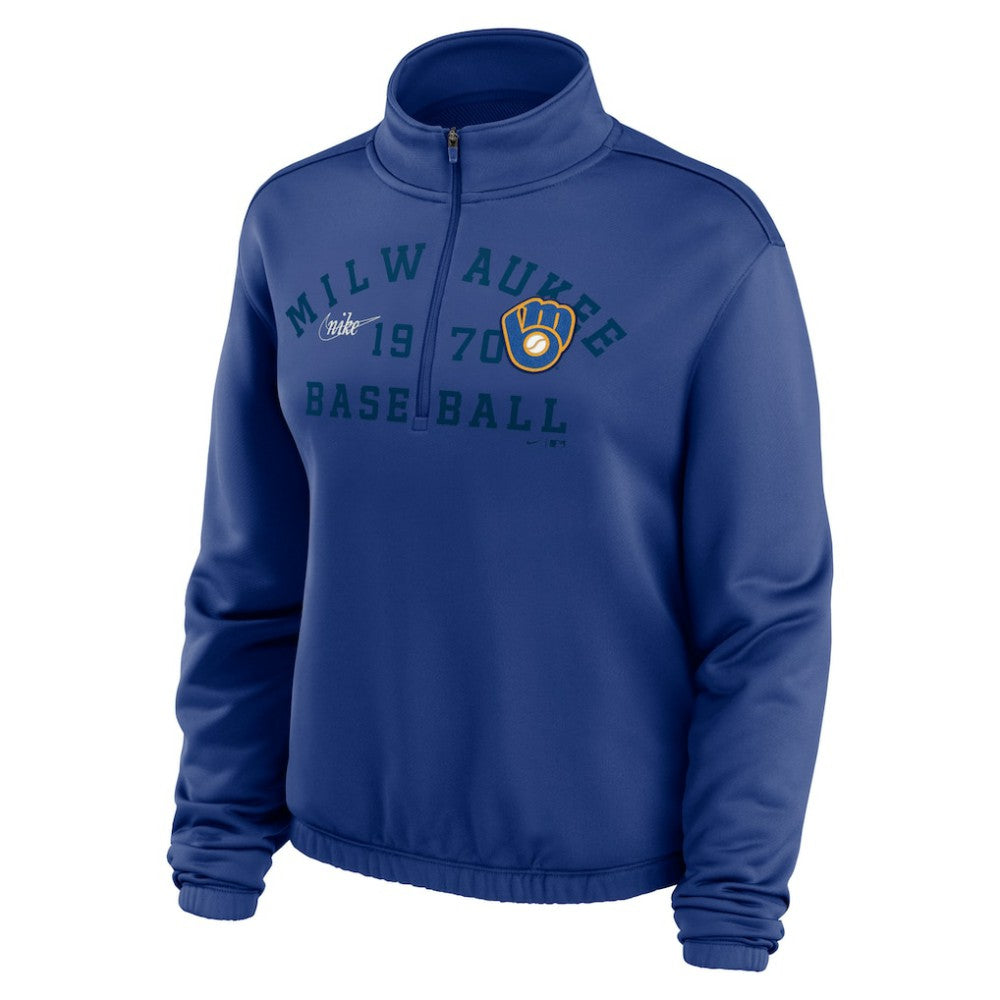 Royal Milwaukee Brewers Nike Women's Rewind Splice Half-Zip Semi-Cropped Bubble Hem Sweatshirt