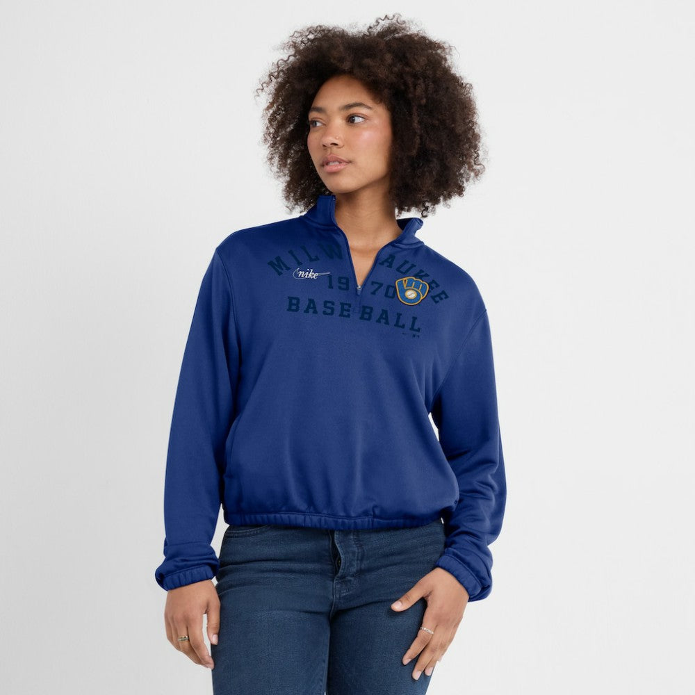 Royal Milwaukee Brewers Nike Women's Rewind Splice Half-Zip Semi-Cropped Bubble Hem Sweatshirt