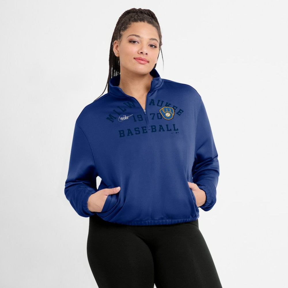 Royal Milwaukee Brewers Nike Women's Rewind Splice Half-Zip Semi-Cropped Bubble Hem Sweatshirt