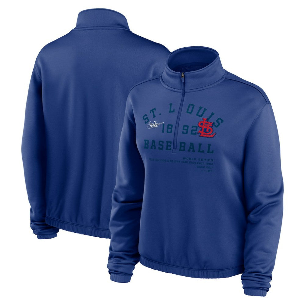 Royal St. Louis Cardinals Nike Women's Rewind Splice Half-Zip Semi-Cropped Bubble Hem Sweatshirt