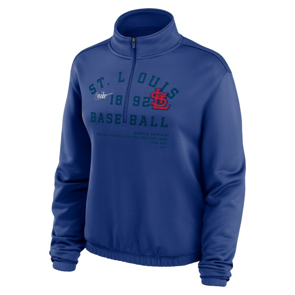 Royal St. Louis Cardinals Nike Women's Rewind Splice Half-Zip Semi-Cropped Bubble Hem Sweatshirt