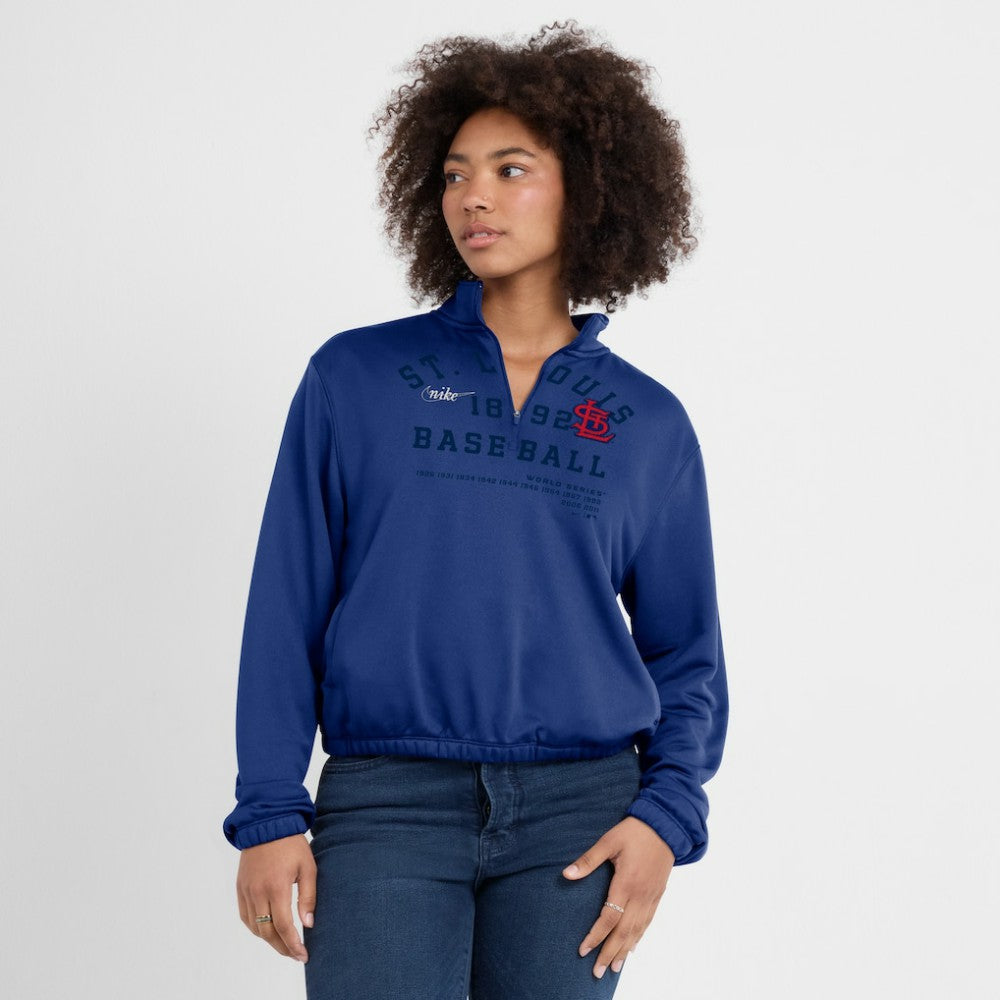 Royal St. Louis Cardinals Nike Women's Rewind Splice Half-Zip Semi-Cropped Bubble Hem Sweatshirt