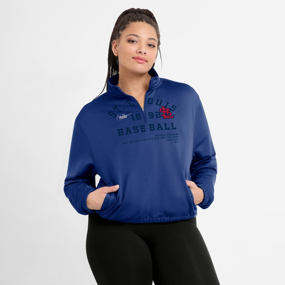 Royal St. Louis Cardinals Nike Women's Rewind Splice Half-Zip Semi-Cropped Bubble Hem Sweatshirt